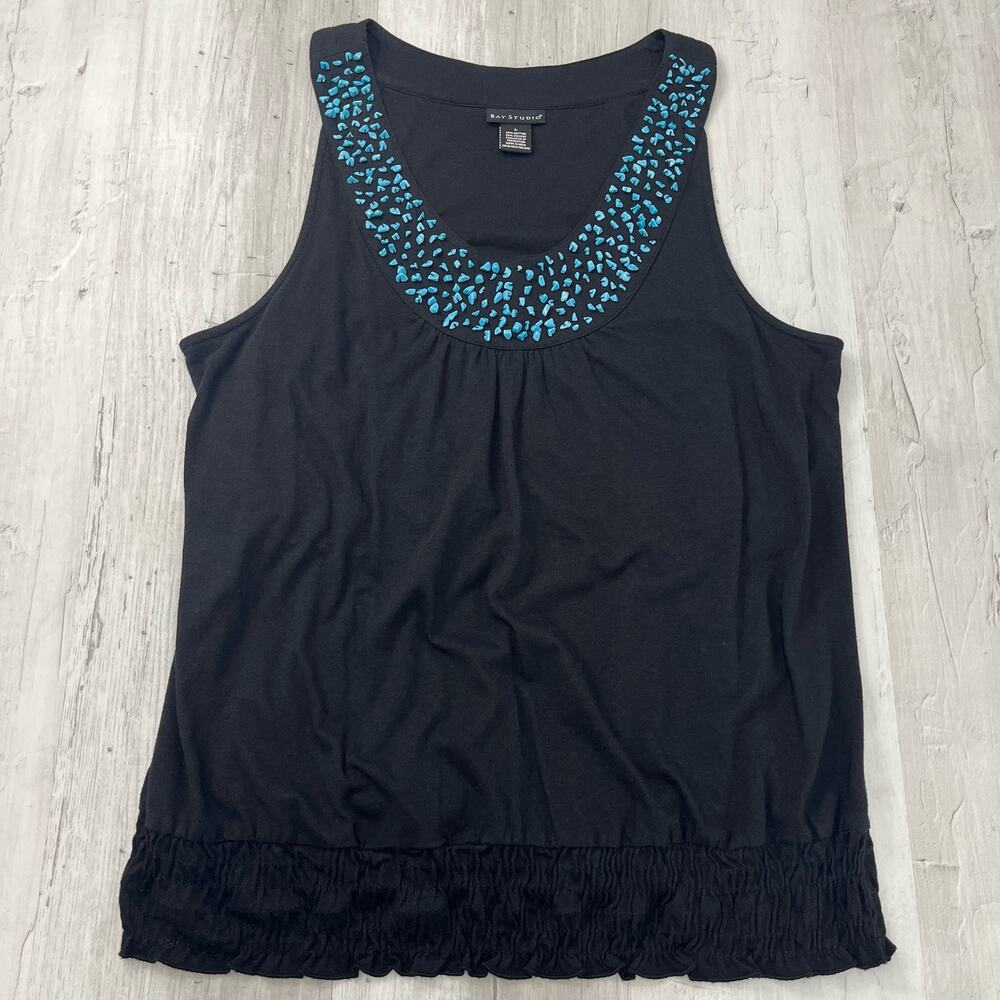 Bay Studio Black Sleeveless Crew Neck Embellished Blue Stones Ruffle Tank Shirt
